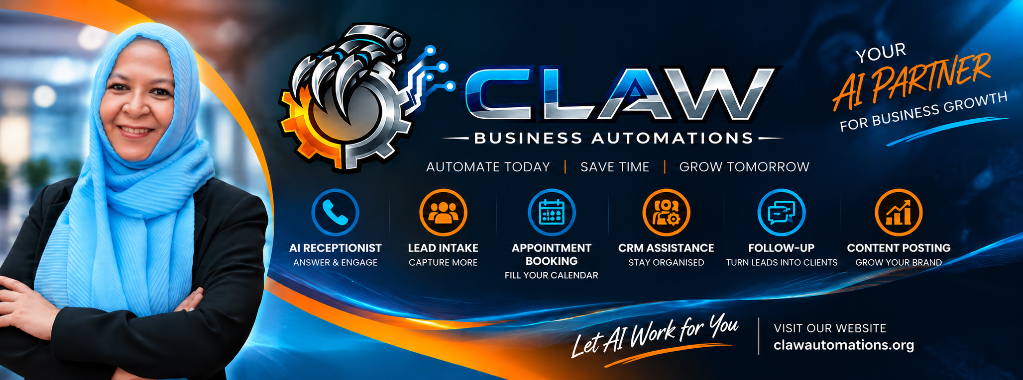 Claw Business Automations: your AI partner for business growth. AI receptionist, lead intake, appointment booking, CRM assistance, follow-up and content posting.